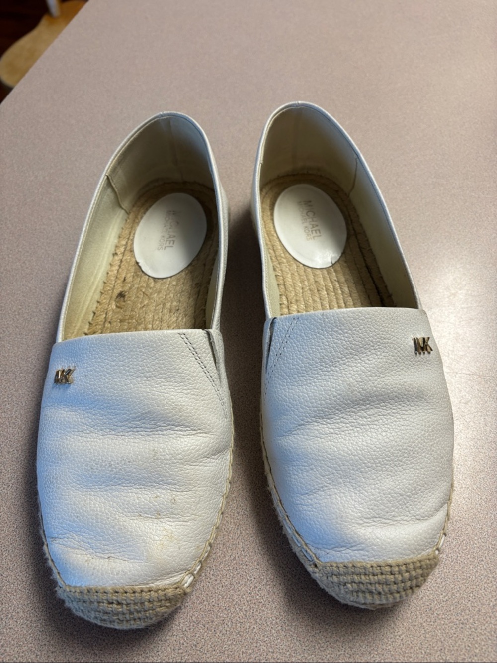 MICHAEL Michael Kors White Leather Espadrille Slip-Ons with Gold MK Accent